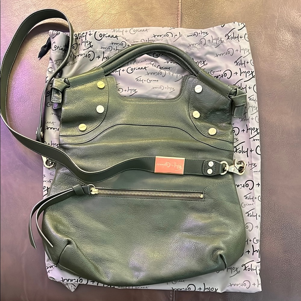 Foley + Corinna Green Leather Foldover Tote Crossbody Purse Bag